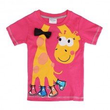 2015 New Summer Baby Girl Children Giraffe Rose Red Cotton Short Sleeve T-shirt Tee
