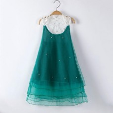 Girls Children Pearls Lace Stitching O-neck Knee Length Princess Dress