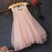 Girls Children Pearls Lace Stitching O-neck Knee Length Princess Dress