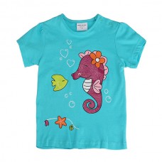2015 New Summer Baby Girl Children Sea Horse Green Cotton Short Sleeve T-shirt
