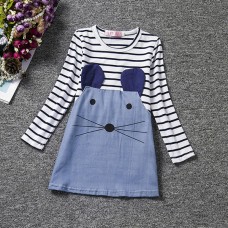 Cute Kid Girls Striped Cartoon Little Mouse Patchwork Dress