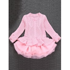 Thick Warm Winter Christmas Wedding Party Knitted Patchwork Lace Girls Children Dress