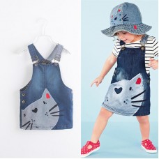 Girl Cute Cat Printed Toddler Denim Straps Suspender Dress For 2Y-9Y