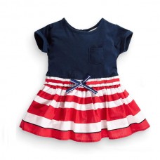 2015 New Little Maven Baby Girl Children Summer Dark Blue&Red Stripe Cotton Dress