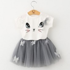 2Pcs Kid Girls Cute Cat Pattern Short Sleeve T-shirt Butterfly Tutu Skirt