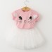 2Pcs Kid Girls Cute Cat Pattern Short Sleeve T-shirt Butterfly Tutu Skirt