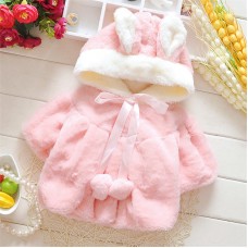Baby Kid Girl Rabbit Ears Bowknot Pure Color Hooded Cloak Coat