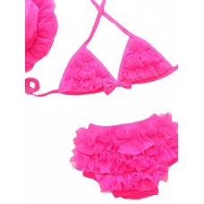 Cute Girls Halter Fluffy Lace-trim Bikini Bowknot Three Pieces Bathing Swimsuit