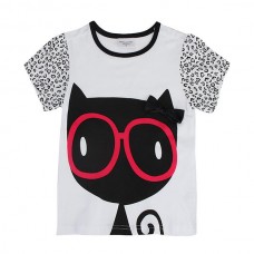 2015 New Summer Baby Girl Children Glasses Cat White Cotton Short Sleeve T-shirt