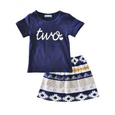 Kid Girls Cute Letter Heart Printed Short Sleeve T-Shirt Geometric Print Skirt Set