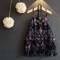 Kid Girls Floral Printed Sleeveless Strap Chiffon Pleated Dress (Not Including Necklace)