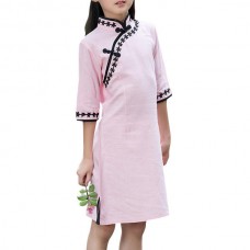 Chinese Style Kid Girls Half Sleeve Pink Cheongsam Dress