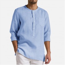 Mens Vintage Stand Collar Solid Color Half Sleeve loose Fit Casual T-shirts
