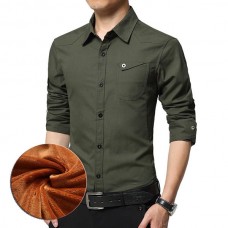 Mens Winter Thick Military Slim Cotton Button Decoration Velvet Warm Casual Shirt