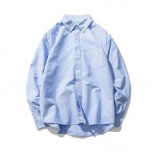 Mens Square Collar 100% Cotton Solid Color Long Sleeve Casual Shirts