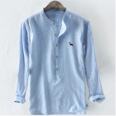 TWO-SIDED Dog Embroidery Cotton Breathable Striped Loose Casual Men Buttons Shirts