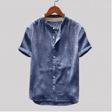 Mens Vintage Solid Color Single-breasted Stand Collar Short Sleeve Loose Casual Shirts