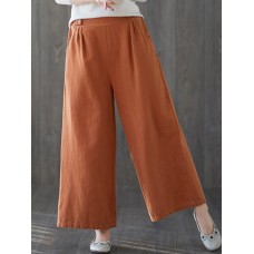Women Casual Button Wide Leg Full Length Pants