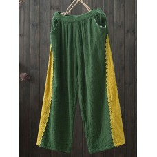 Women Wide Leg Elastic Waist Patchwork Loose Cotton Pants