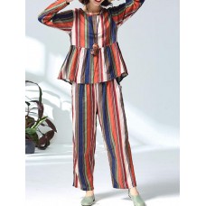 Women Casual Cotton Linen Striped Tops+Pants Set
