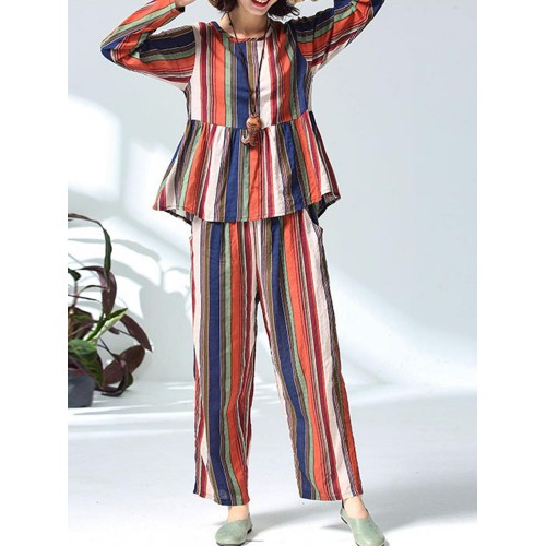 Women Casual Cotton Linen Striped Tops+Pants Set Women Casual Cotton Linen Striped Tops+Pants Set
