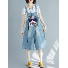 Women Casual Sleeveless Strappy Print Denim Jumpsuit