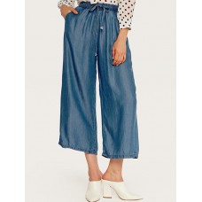 Women Elastic Wasit Pockets Wide Leg Jeans