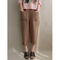 Women Casual Linen Cotton Elastic High Waist Harem Pants