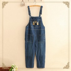 Women Cotton Denim Striped Cat Embroidered Cartoon Jumpsuit
