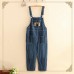 Women Cotton Denim Striped Cat Embroidered Cartoon Jumpsuit