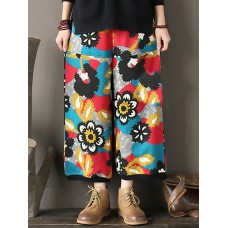 Women Floral Print Elastic Waist Thicken Cotton Vintage Pants