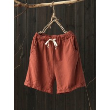 Women Casual Cotton Linen Plain Elastic Waist Shorts