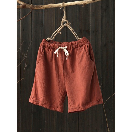 Women Casual Cotton Linen Plain Elastic Waist Shorts Women Casual Cotton Linen Plain Elastic Waist Shorts