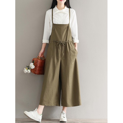 Vintage Women Loose Cototn Linen Elastic Waist Wide Leg Jumpsuit Vintage Women Loose Cototn Linen Elastic Waist Wide Leg Jumpsuit