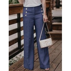 Women Casual Cotton Linen Solid Color High Waist Button Pants