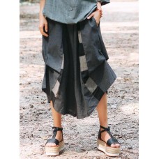 Women Elastic Waist Cotton Linen Irregular Patchwork Pants