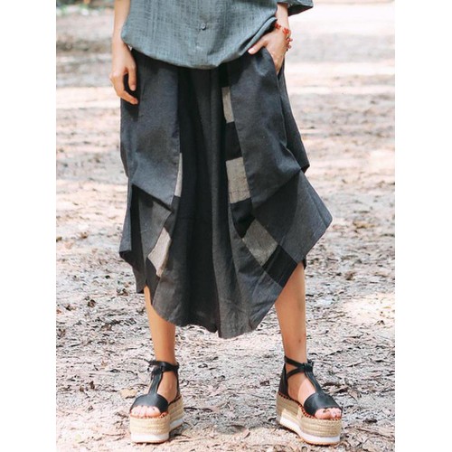 Women Elastic Waist Cotton Linen Irregular Patchwork Pants Women Elastic Waist Cotton Linen Irregular Patchwork Pants
