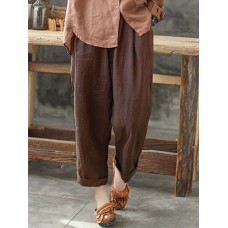 Women Cotton Pockets Elastic Waist Solid Pants