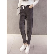 Women Pure Color Drawstring Waist Thicken Velvet Harem Pants