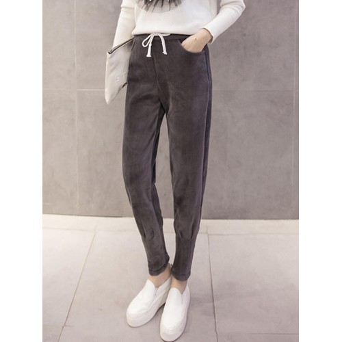 Women Pure Color Drawstring Waist Thicken Velvet Harem Pants Women Pure Color Drawstring Waist Thicken Velvet Harem Pants