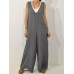 Solid Color V Neck Pocket Cotton Women Jumpsuit