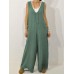 Solid Color V Neck Pocket Cotton Women Jumpsuit