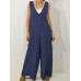 Solid Color V Neck Pocket Cotton Women Jumpsuit