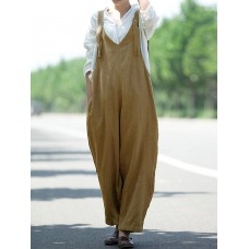 Women Sleeveless Adjustable Strap V-neck Side Pockets Pure Color Jumpsuit