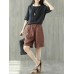 Pure Color Elastic Waist Loose Cotton Linen Wide Leg Shorts
