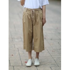 Women Casual Pure Color Cotton Wide Leg Trousers Pants