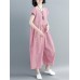 Women Short Sleeve O-neck Wide Leg Pant Loose Casual Plaid Jumpsuit