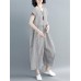 Women Short Sleeve O-neck Wide Leg Pant Loose Casual Plaid Jumpsuit