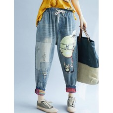 Women Patchwork Cartoon Loose Elastic Waist Denim Jeans