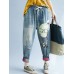 Women Patchwork Cartoon Loose Elastic Waist Denim Jeans